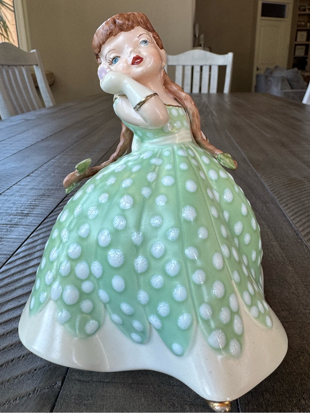 Vintage Holland Ceramic Daisy Figurine - Dancing Girl in Mint Polka Dot Dress
